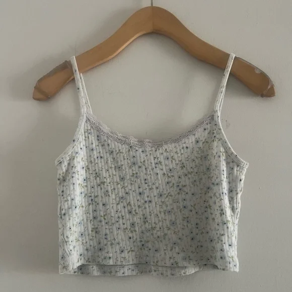 Brandy Melville Super Cute Cropped Floral Tank Baby Blue Green Sz S - Picture 2 of 3